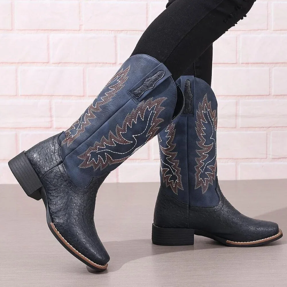 Women Blue Western Cowboy Boots for  Mid Calf Cowgirl Boot Snip Toe Chunky Heel